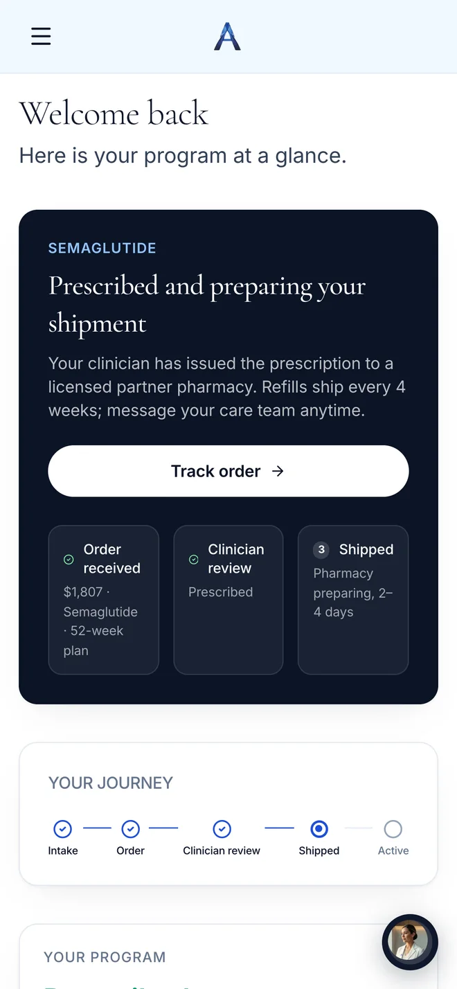 The Aevogen member dashboard on a phone: prescribed and preparing your shipment, with order, review and shipping steps